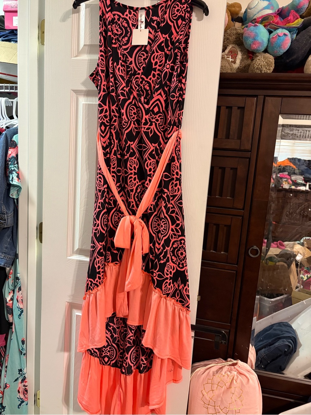 High-Low Sleeveless Dress in Black and Coral with Tie Waist